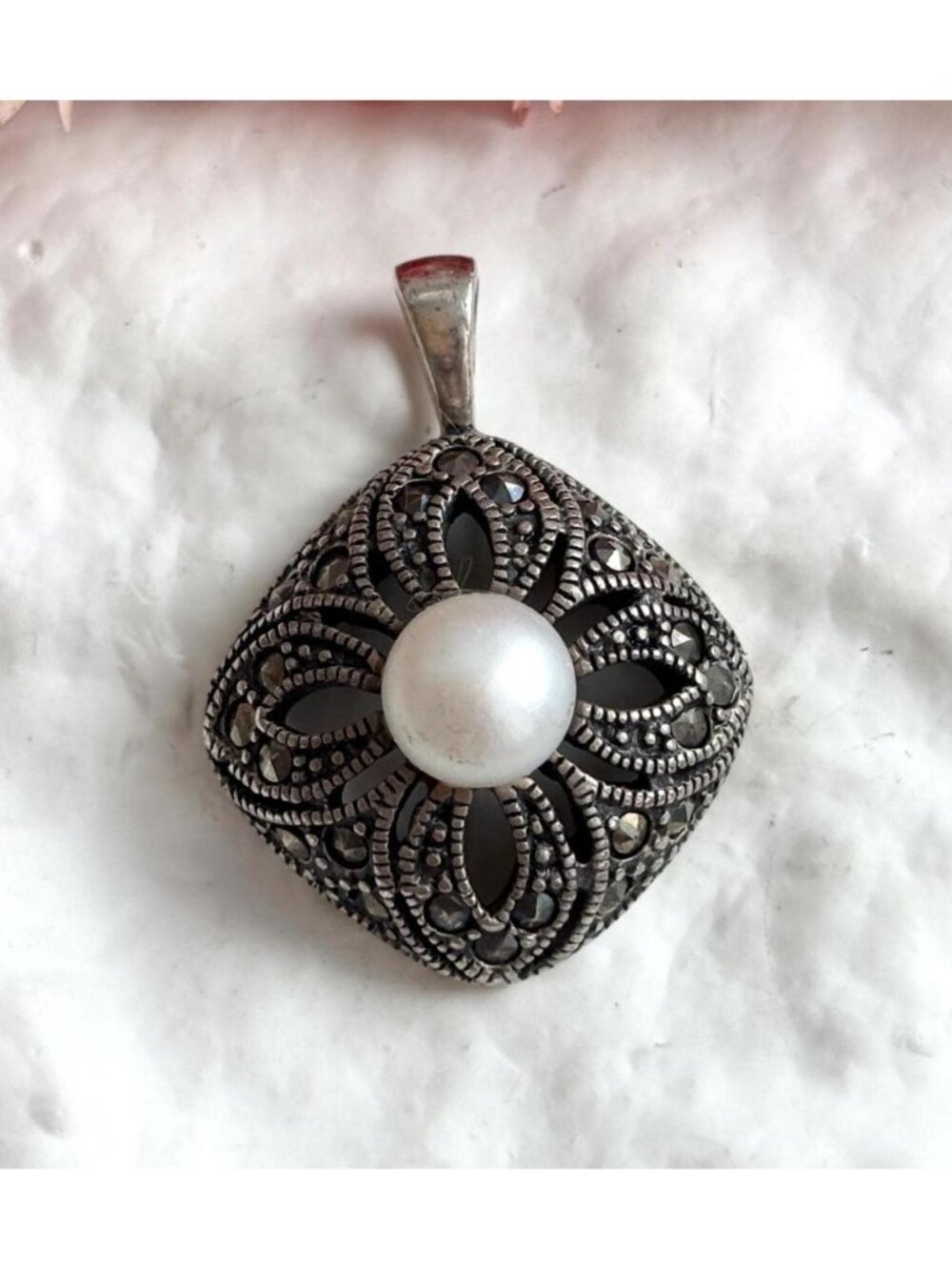 Art Deco Cultured Pearl & Marcasite Accented Sterling Silver 925 Vintage Pendant